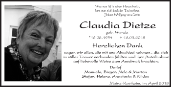 Traueranzeige von Claudia Dietze von Trauerportal Rhein Main Presse