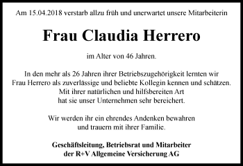 Traueranzeige von Claudia Herrero von Trauerportal Rhein Main Presse