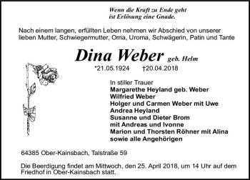 Traueranzeige von Dina Weber von Trauerportal Rhein Main Presse