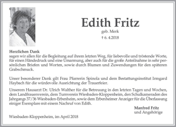 Traueranzeige von Edith Fritz von Trauerportal Rhein Main Presse