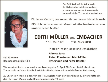 Traueranzeige von Edith  Müller von Trauerportal Rhein Main Presse