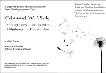 Traueranzeige von Edmund  Pick von Trauerportal Rhein Main Presse