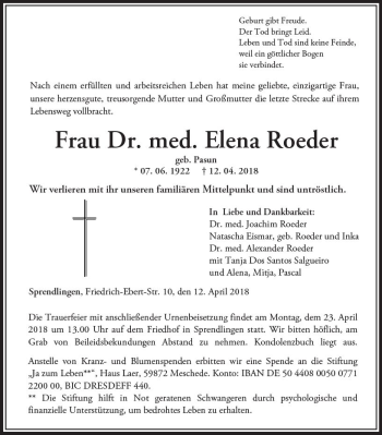 Traueranzeige von Elena Roeder von Trauerportal Rhein Main Presse