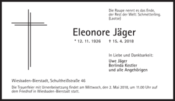Traueranzeige von Eleonore Jäger von Trauerportal Rhein Main Presse