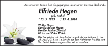 Traueranzeige von Elfriede Hegen von Trauerportal Rhein Main Presse