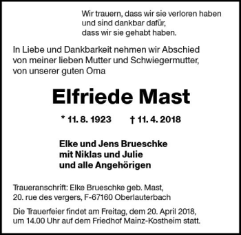 Traueranzeige von Elfriede Mast von Trauerportal Rhein Main Presse