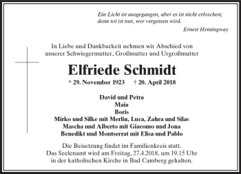 Traueranzeige von Elfriede Schmidt von  Camberger Anzeiger