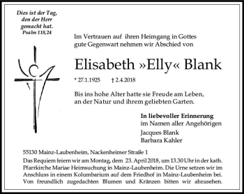 Traueranzeige von Elisabeth Blank von Trauerportal Rhein Main Presse