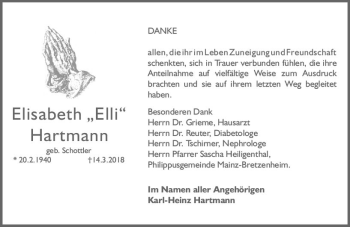 Traueranzeige von Elisabeth Hartmann von Trauerportal Rhein Main Presse