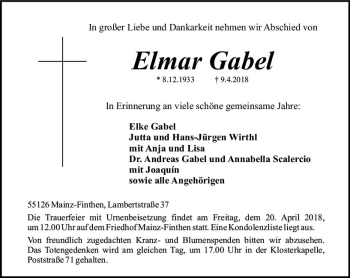 Traueranzeige von Elmar Gabel von Trauerportal Rhein Main Presse