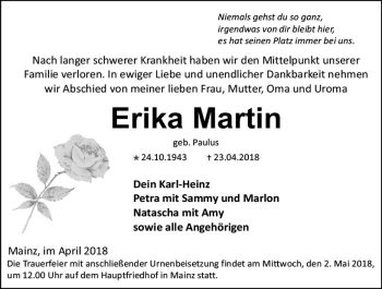 Traueranzeige von Erika Martin von Trauerportal Rhein Main Presse
