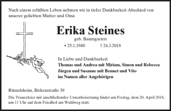Traueranzeige von Erika Steines von Trauerportal Rhein Main Presse