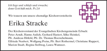 Traueranzeige von Erika Stracke von Trauerportal Rhein Main Presse