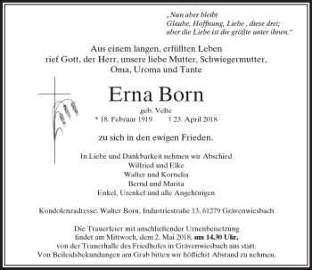 Traueranzeige von Erna Born von  Usinger Anzeiger
