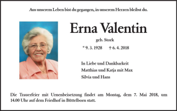 Traueranzeige von Erna Valentin von Trauerportal Rhein Main Presse