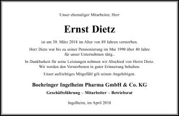 Traueranzeige von Ernst Dietz von Trauerportal Rhein Main Presse