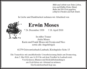 Traueranzeige von Erwin Moses von  Usinger Anzeiger