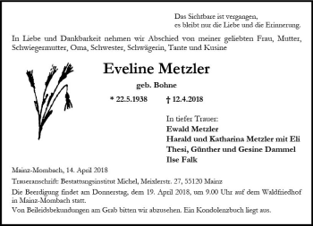 Traueranzeige von Eveline Metzler von Trauerportal Rhein Main Presse