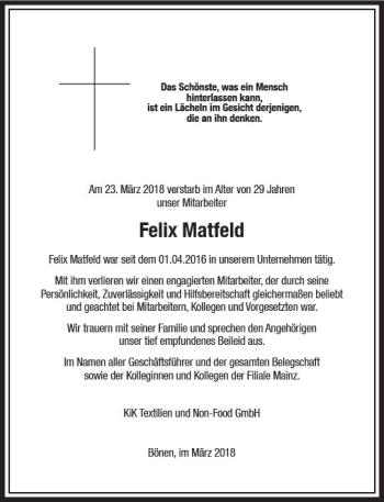 Traueranzeige von Felix Matfeld von Trauerportal Rhein Main Presse