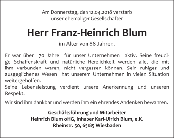 Traueranzeige von Franz-Heinrich Blum von Trauerportal Rhein Main Presse