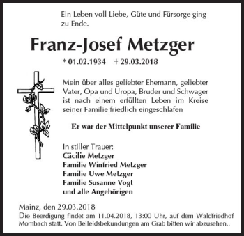 Traueranzeige von Franz-Josef Metzger von Trauerportal Rhein Main Presse