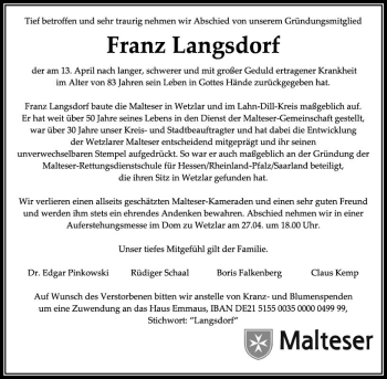 Traueranzeige von Franz Langsdorf von  Gießener Anzeiger