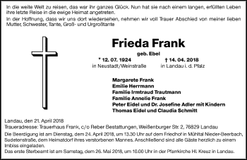Traueranzeige von Frieda Frank von Trauerportal Rhein Main Presse