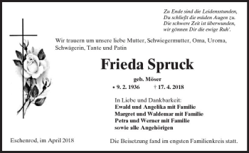 Traueranzeige von Frieda Spruck von  Kreisanzeiger