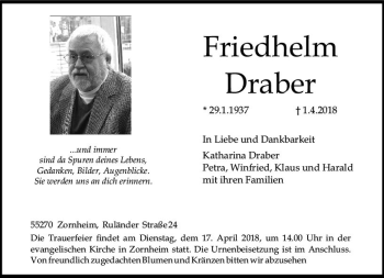 Traueranzeige von Friedhelm Draber von Trauerportal Rhein Main Presse