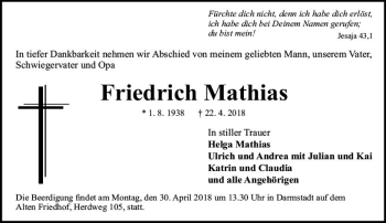Traueranzeige von Friedrich Mathias von Trauerportal Rhein Main Presse