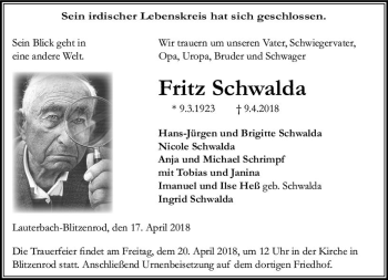 Traueranzeige von Fritz Schwalda von VRM Trauer