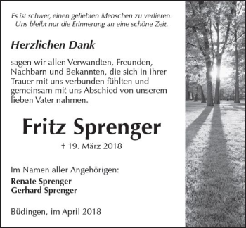 Traueranzeige von Fritz Sprenger von  Kreisanzeiger