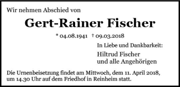 Traueranzeige von Gert-Rainer Fischer von Trauerportal Rhein Main Presse
