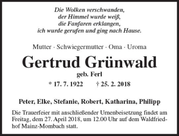 Traueranzeige von Gertrud Grünwald von Trauerportal Rhein Main Presse