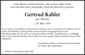 Traueranzeige von Gertrud Kahler von Trauerportal Rhein Main Presse