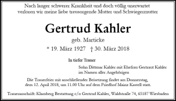Traueranzeige von Gertrud Kahler von Trauerportal Rhein Main Presse