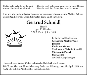 Traueranzeige von Gertrud Schmidl von Trauerportal Rhein Main Presse