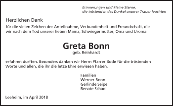 Traueranzeige von Greta Bonn von Trauerportal Rhein Main Presse