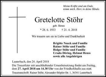 Traueranzeige von Gretelotte Stöhr von VRM Trauer