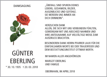Traueranzeige von Günter Eberling von  Usinger Anzeiger