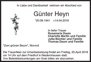 Traueranzeige von Günter Heyn von Trauerportal Rhein Main Presse