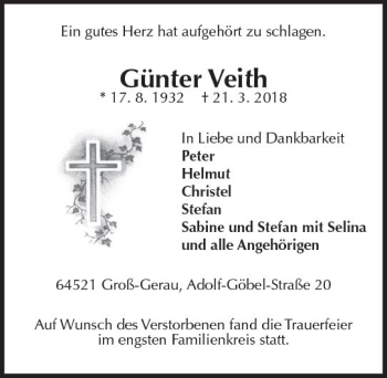 Traueranzeige von Günter Veith von Trauerportal Rhein Main Presse