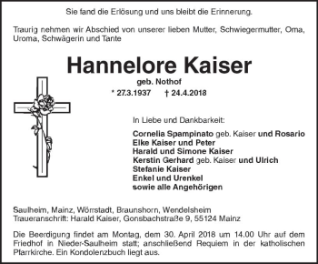 Traueranzeige von Hannelore Kaiser von Trauerportal Rhein Main Presse