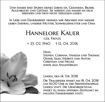 Traueranzeige von Hannelore Kauer von  Gießener Anzeiger