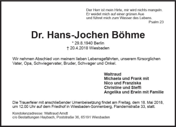 Traueranzeige von Hans-Jochen Böhme von Trauerportal Rhein Main Presse