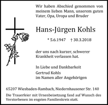 Traueranzeige von Hans-Jürgen Kohls von Trauerportal Rhein Main Presse