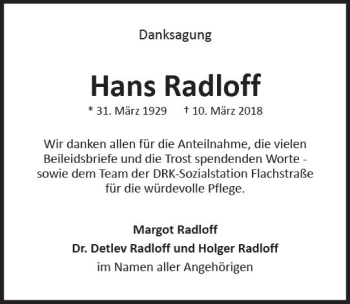 Traueranzeige von Hans Radloff von Trauerportal Rhein Main Presse