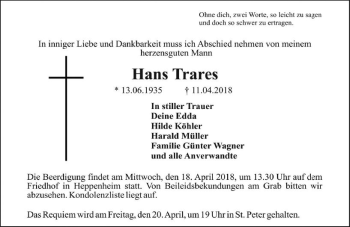 Traueranzeige von Hans Trares von Trauerportal Rhein Main Presse
