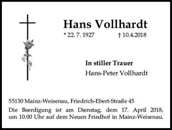 Traueranzeige von Hans Vollhardt von Trauerportal Rhein Main Presse