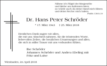 Traueranzeige von Hans Peter Schröder von Trauerportal Rhein Main Presse